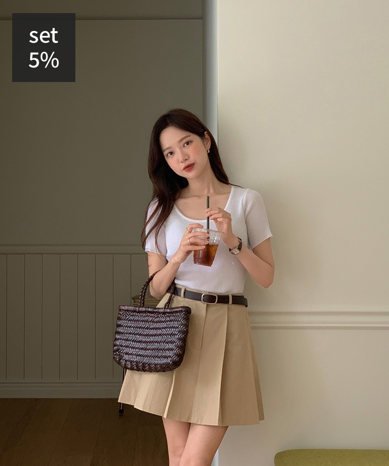Have You-Neck Ribbed Knit + Saber Cotton Mini Skirt Women&#039;s Clothing Shopping Mall DALTT