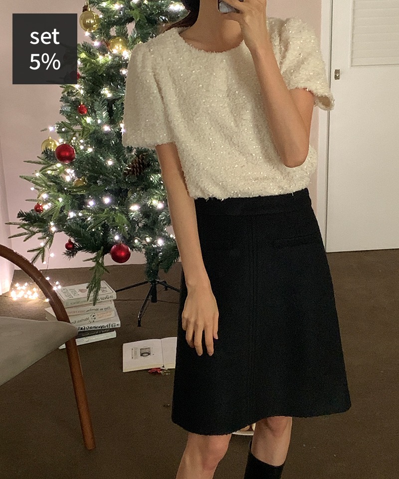 Tinkle Ribbon Blouse + Rubia Bookle Midi Skirt (40% Wool) Women&#039;s Clothing Shopping Mall DALTT