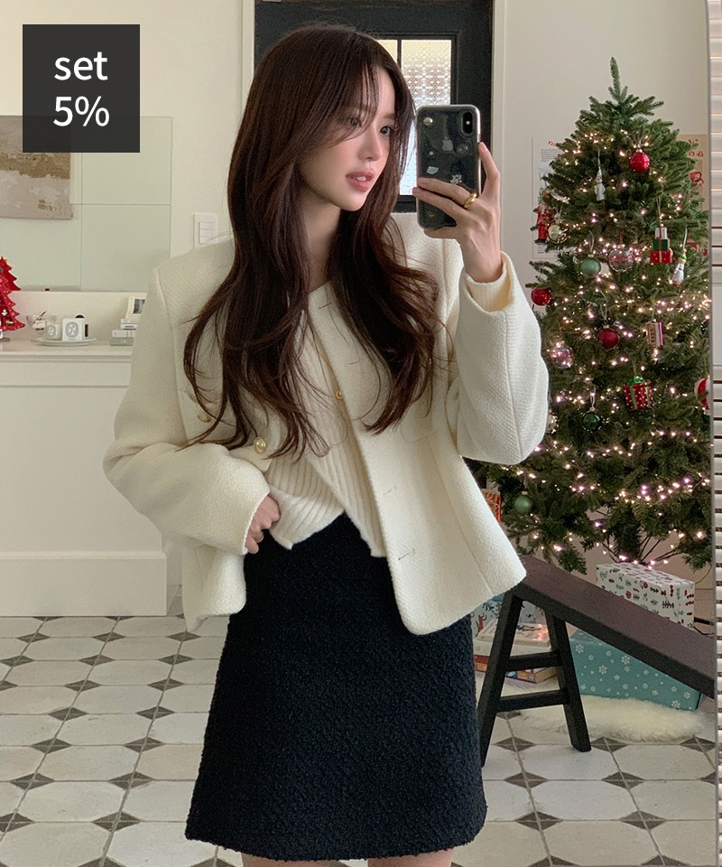 Risobe Tweed Jacket (30% Wool) + Heagle Nuve Knit (30% Wool) + Boa Tweed Skirt (30% Wool) Women&#039;s Clothing Shopping Mall DALTT