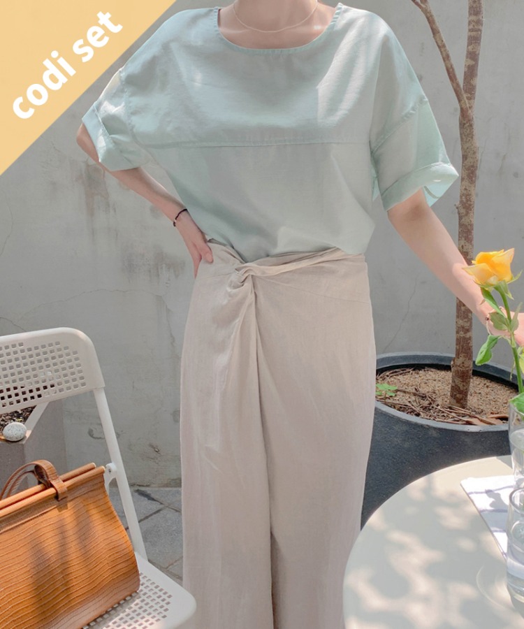 Low Linen Blouse + Twisted Linen Skirt Women&#039;s Clothing Shopping Mall DALTT