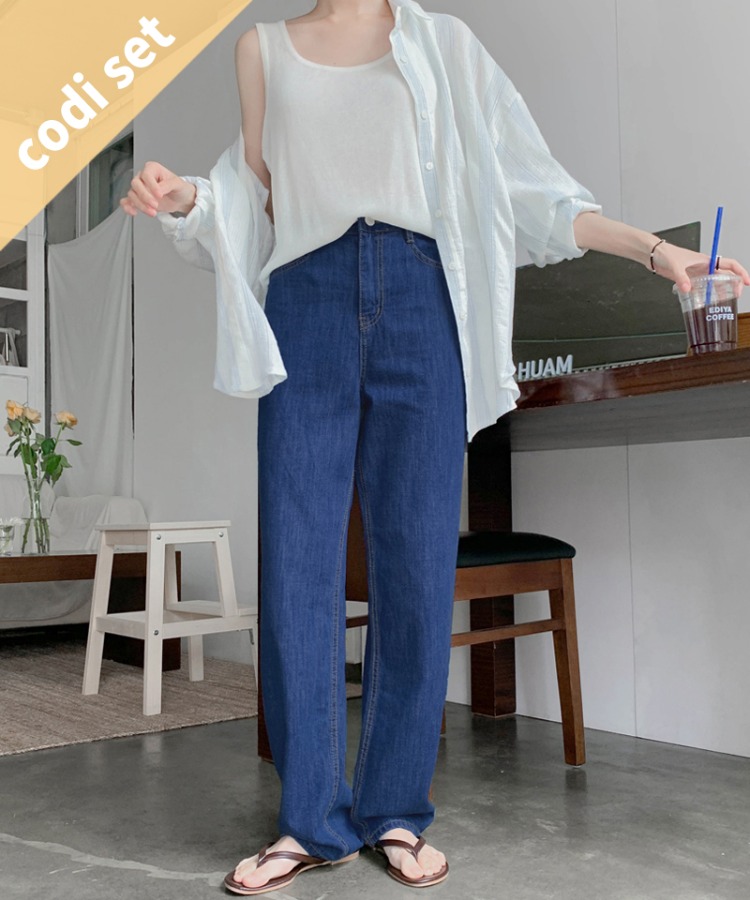 Light stripe shirt + easy sleeveless + deep blue denim pants Women&#039;s Clothing Shopping Mall DALTT