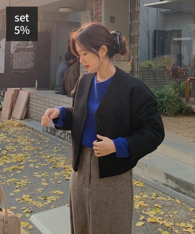 No-kara Winter Jacket (60% Wool) + Gifty Wool Knit + Herringbone Wool Long Skirt Women&#039;s Clothing Shopping Mall DALTT
