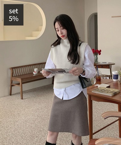 Modern Cotton Shirt + Doug Wool Polar Vest (80% Wool) + Sofia Wool Midi Skirt (50% Wool) Women&#039;s Clothing Shopping Mall DALTT