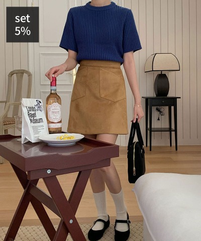 Roel Ribbed Wool Short Sleeve Knit (30% Wool) + Haze Suede Skirt Women&#039;s Clothing Shopping Mall DALTT