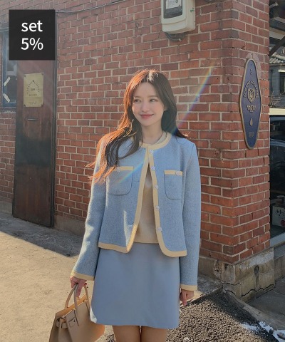 Love Color Tweed Jacket + Fine Raglan Cashmere Knit (60% Wool) + Twill Mini Skirt Women&#039;s Clothing Shopping Mall DALTT
