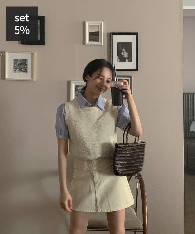 Notted Check Blouse + Eton Knit Vest + Sherbet Color Skirt Women&#039;s Clothing Shopping Mall DALTT